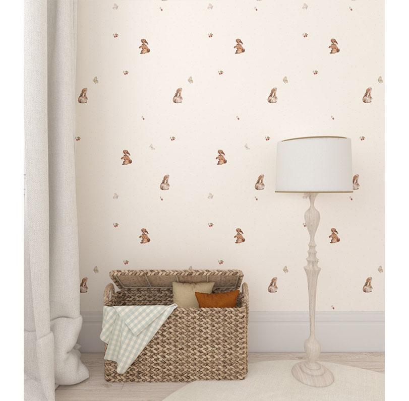 Tapete mit Häschen und Himbeeren - ein zartes, rustikales Muster 3 Tapete für das Mädchenzimmer