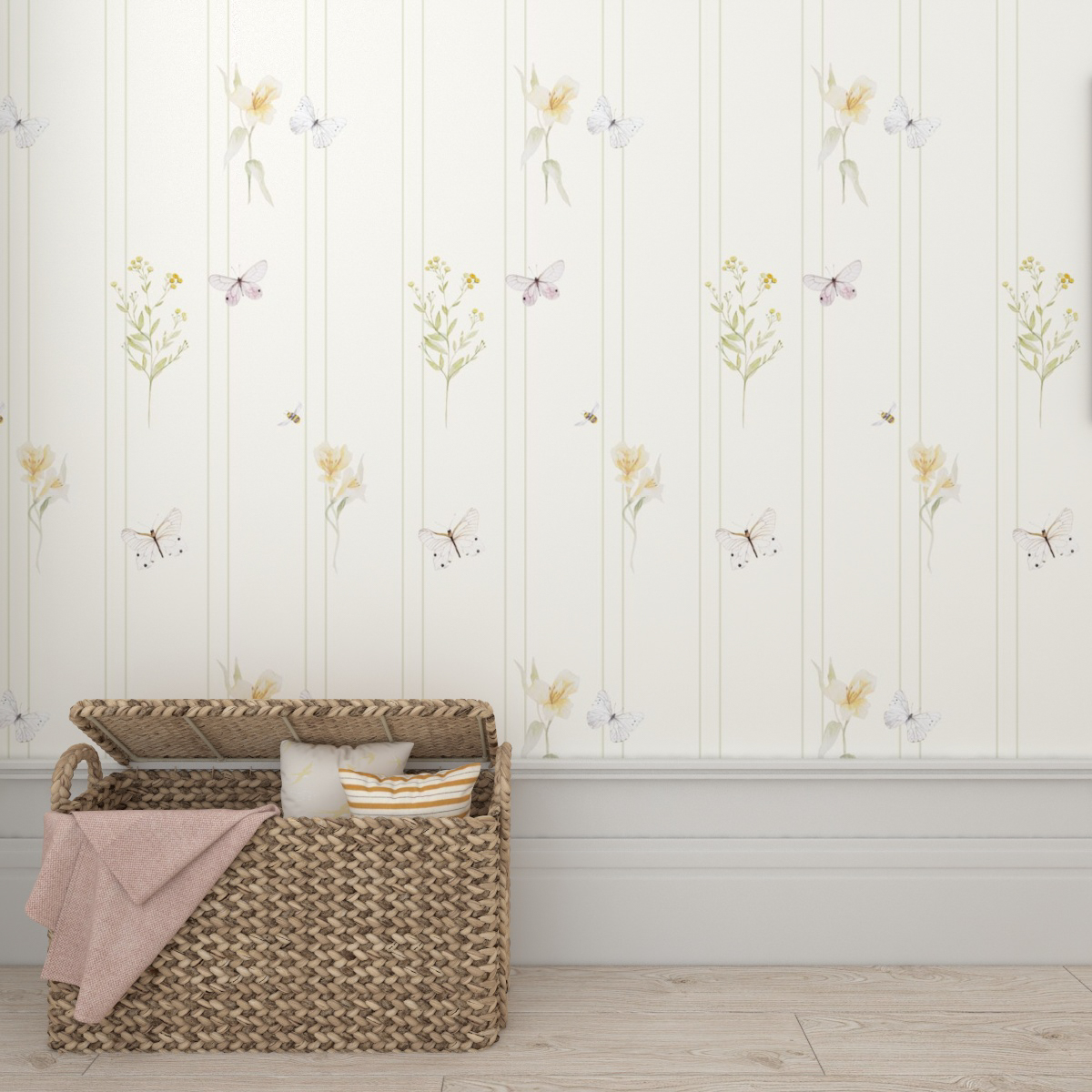 Tapete Blumen Narzissen, Rainfarn und Schmetterlinge 1 20230206 motyle zonkile wrotycz