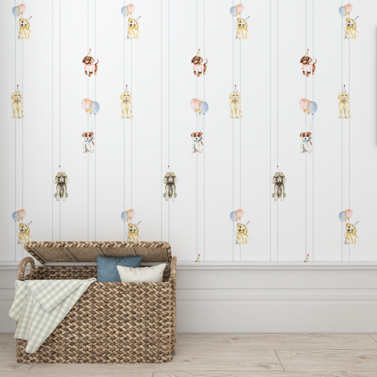 Tapete mit Hunden mit Mützchen 1 Tapete Hunde kleine Streifen für Kinderzimmer