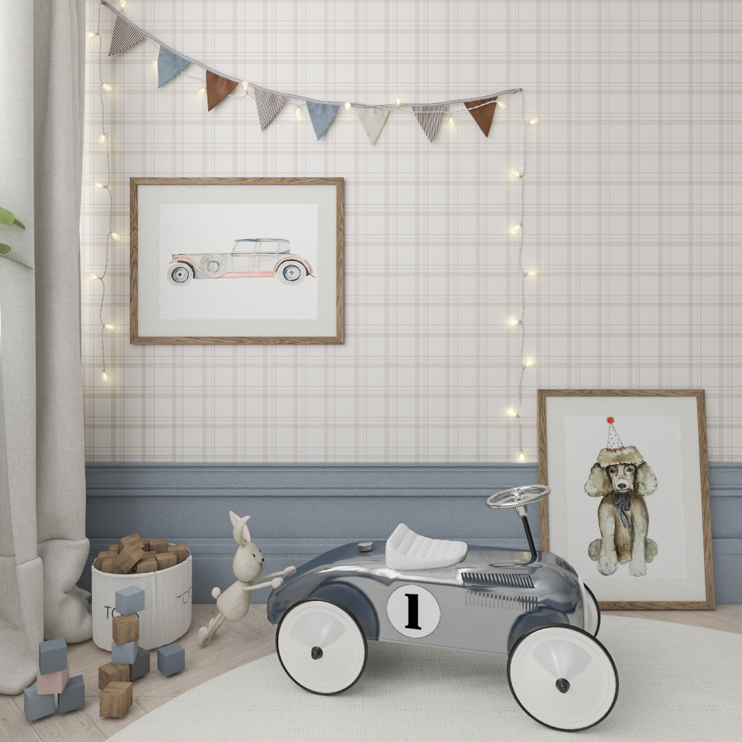 Einrichtung eines Jungenzimmers mit beiger Karotapete