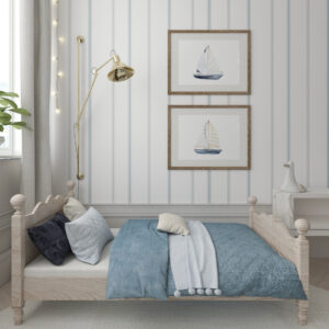 Jungenzimmereinrichtung mit Streifen und Booten Tapete