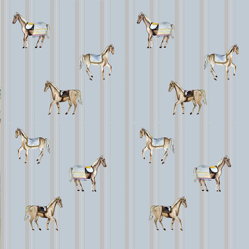 Tapete Pferde blau Streifen 1 Pferdetapete blau gestreift | Tapete für Jungen Motiv Pferde | Zimmerdekoration für Jungen