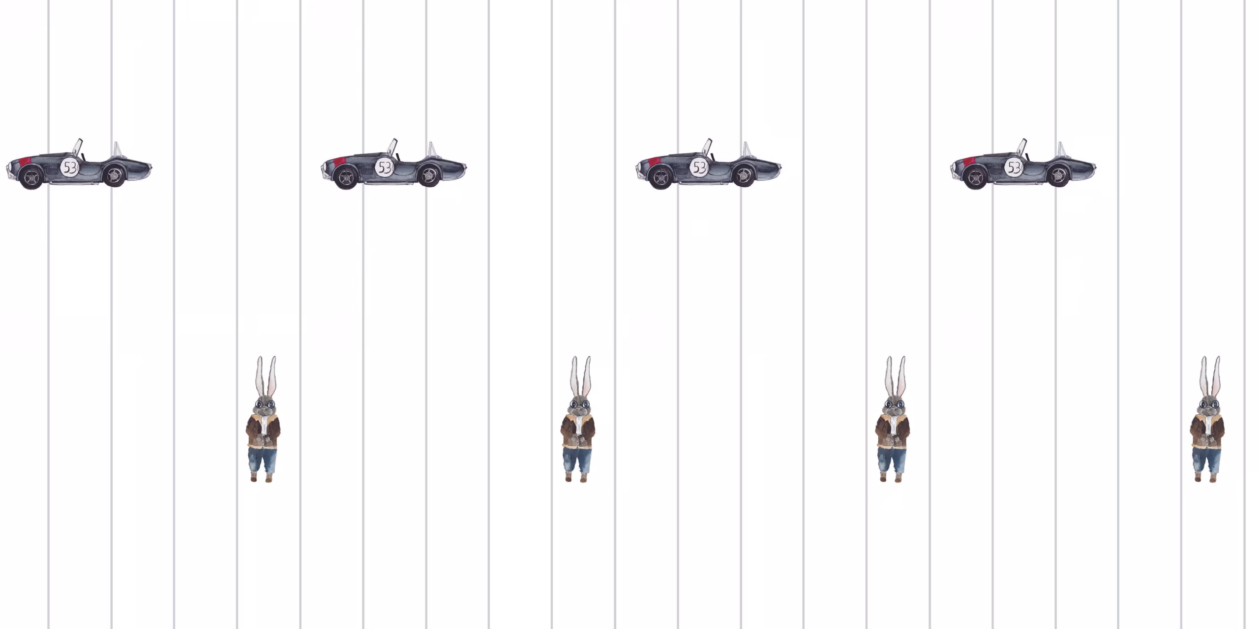 Tapete mit Mustang-Autos und Rennfahrer-Hase 3 Kindertapete mit Tieren in Autos