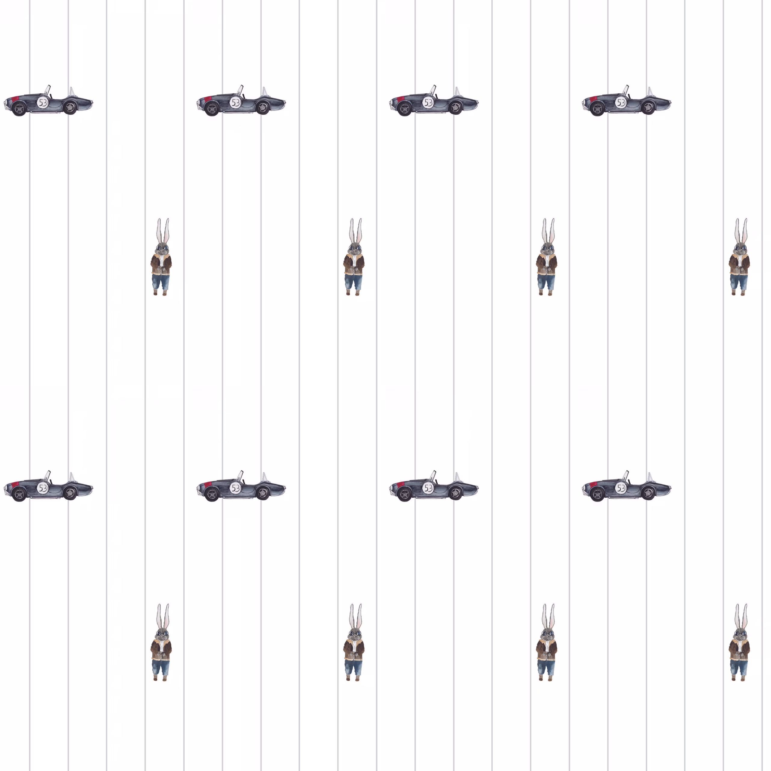 Tapete mit Mustang-Autos und Rennfahrer-Hase 1 Rennwagen-Tapete für Jungen - Ford Mustang und Rennfahrer-Hase