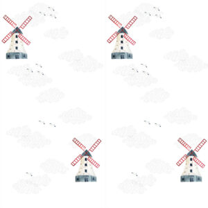 Tapete Mühle, Möwen und Wolken | Kindertapete Motiv Mühle | Kinderzimmerdekoration
