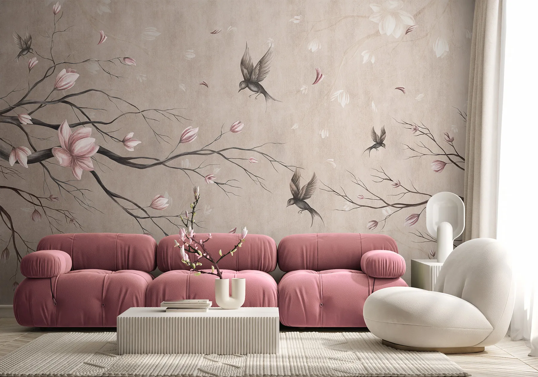 Fototapete Vögel rosa Blumen - Sakura 4 Vogeltapete für das Mädchenzimmer