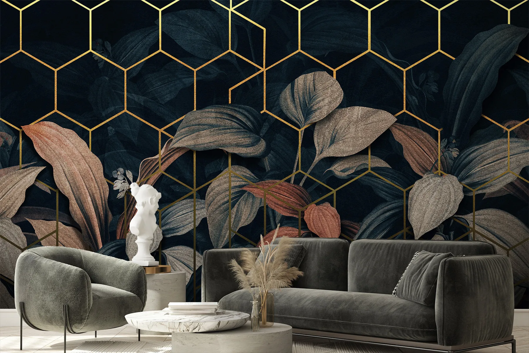 Mural-Tapete mit Blättern - Tropiglo 5 Tapete Bananenblätter und Hexagone