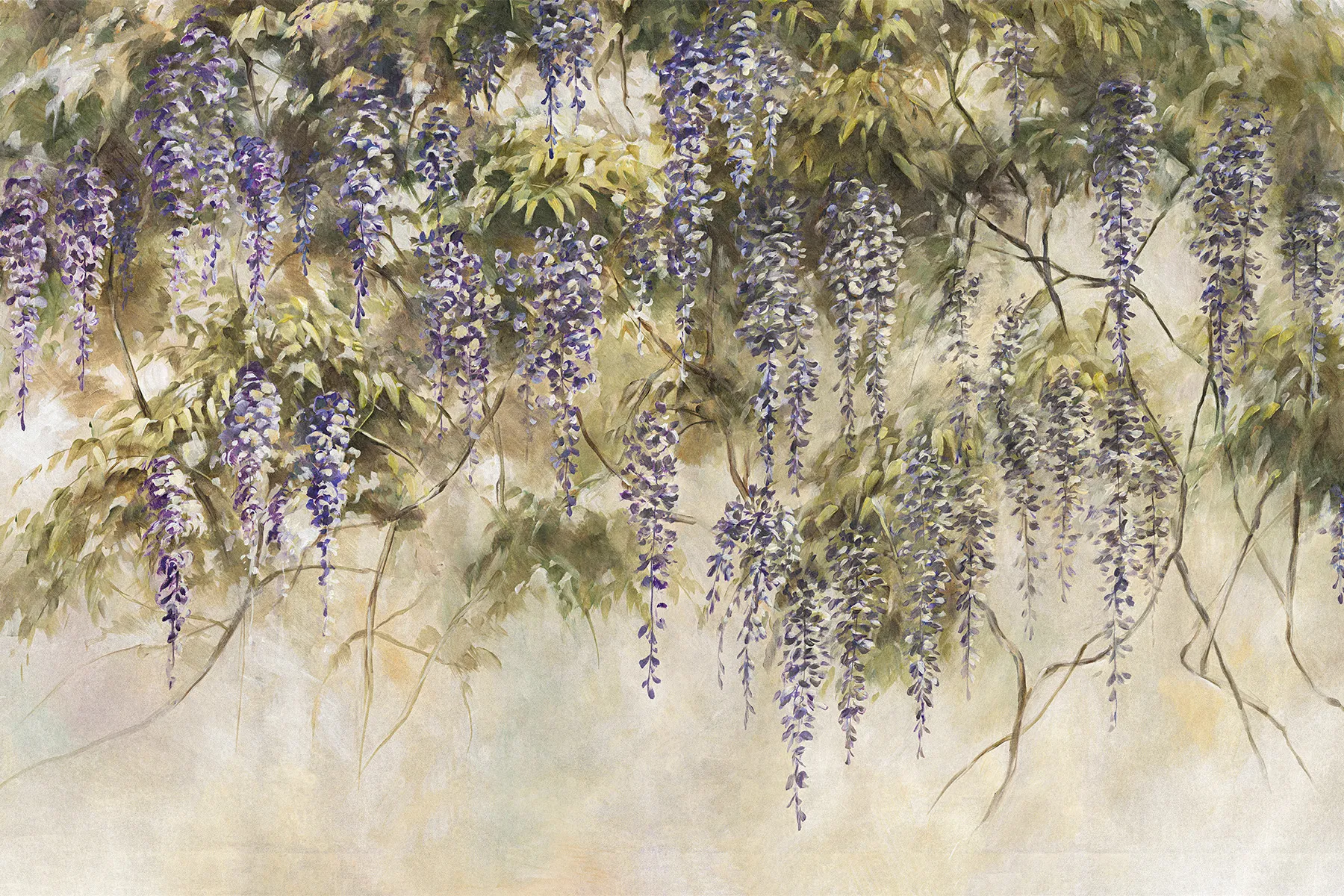 Fototapete Blumen Wisteria - Bluvi 1 Tapete mit hängenden Wisterienblüten
