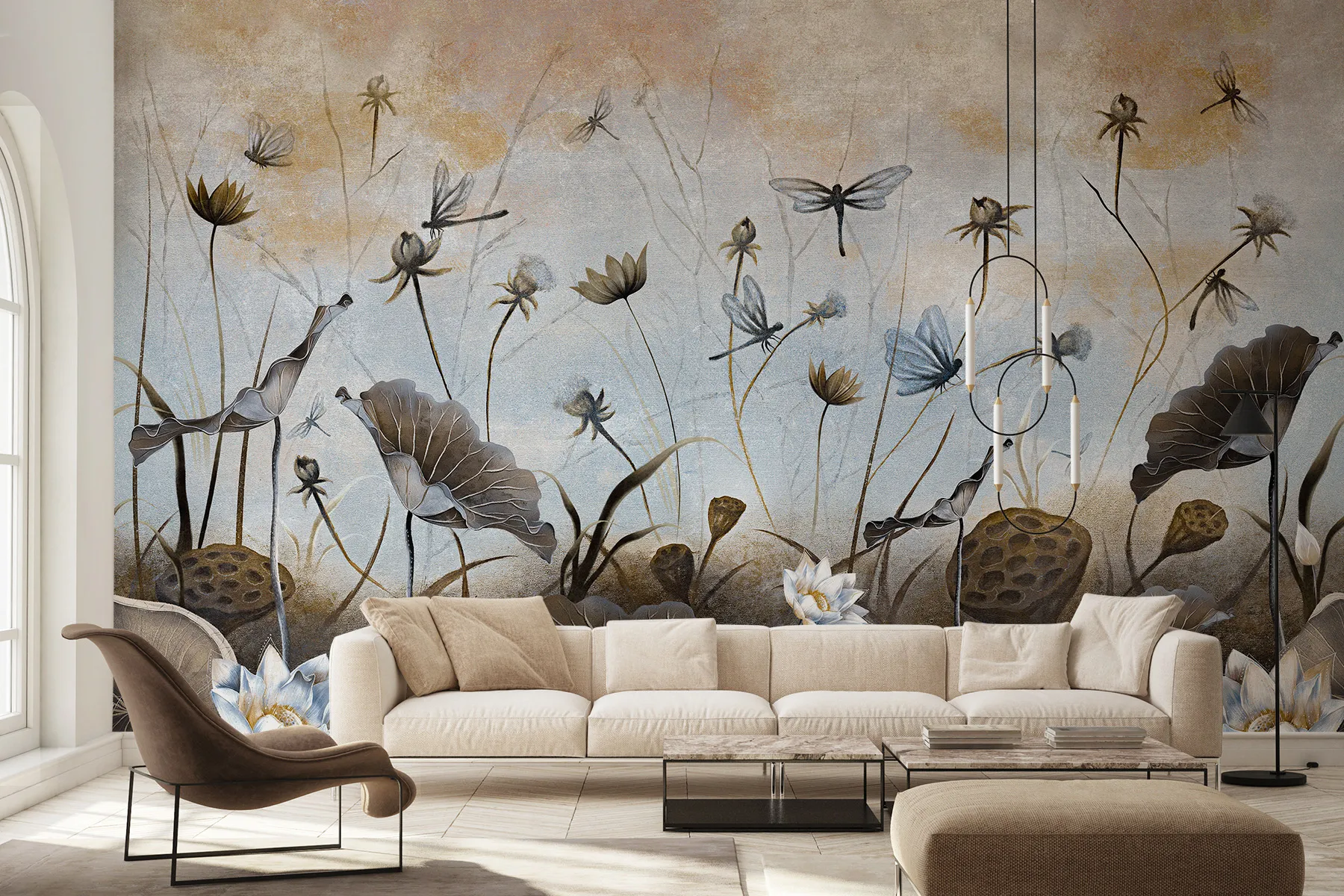 Fototapete Hellblau Beige Blumen und Libellen - Marlow 2 TPA 1223 0042 00 P 01