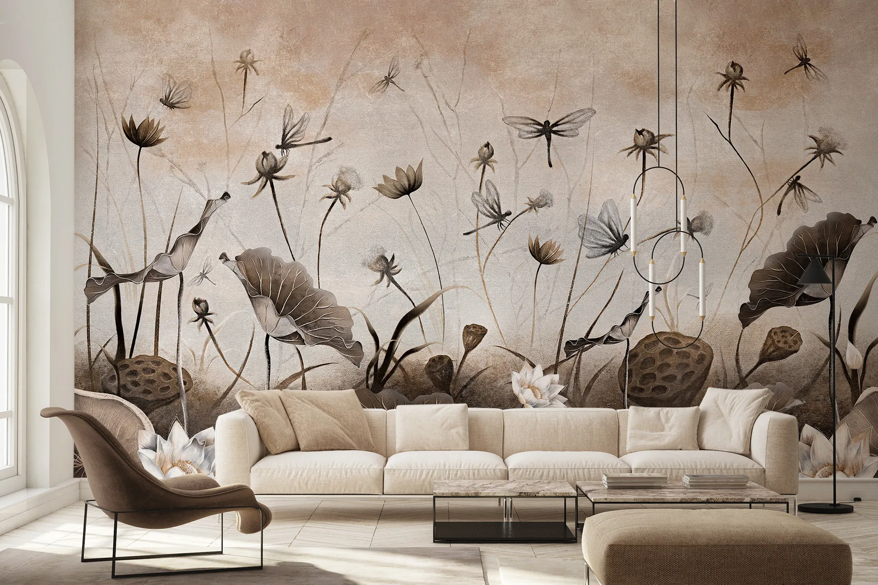 Fototapete Hellblau Beige Blumen und Libellen - Marlow 4 TPA 1223 0042 02 P 01