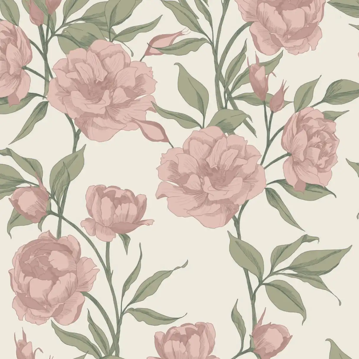 Tapete große rosa Pfingstrosen 3 Rustikale Tapete nach Maß fürs Mädchenzimmer mit Pfingstrosen auf beigem Hintergrund