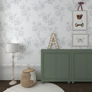 Maßgefertigte Tapete mit linearen Pfingstrosen in Hellblau,