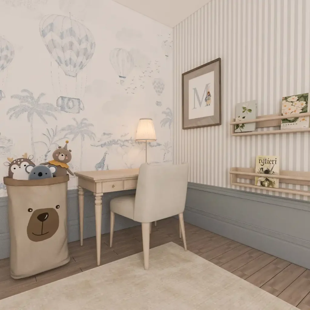 Fototapety edukacyjne z motywem safari w pokoju z pluszakami w koszu i stylowym stole z lampą. Pokoik ucznia