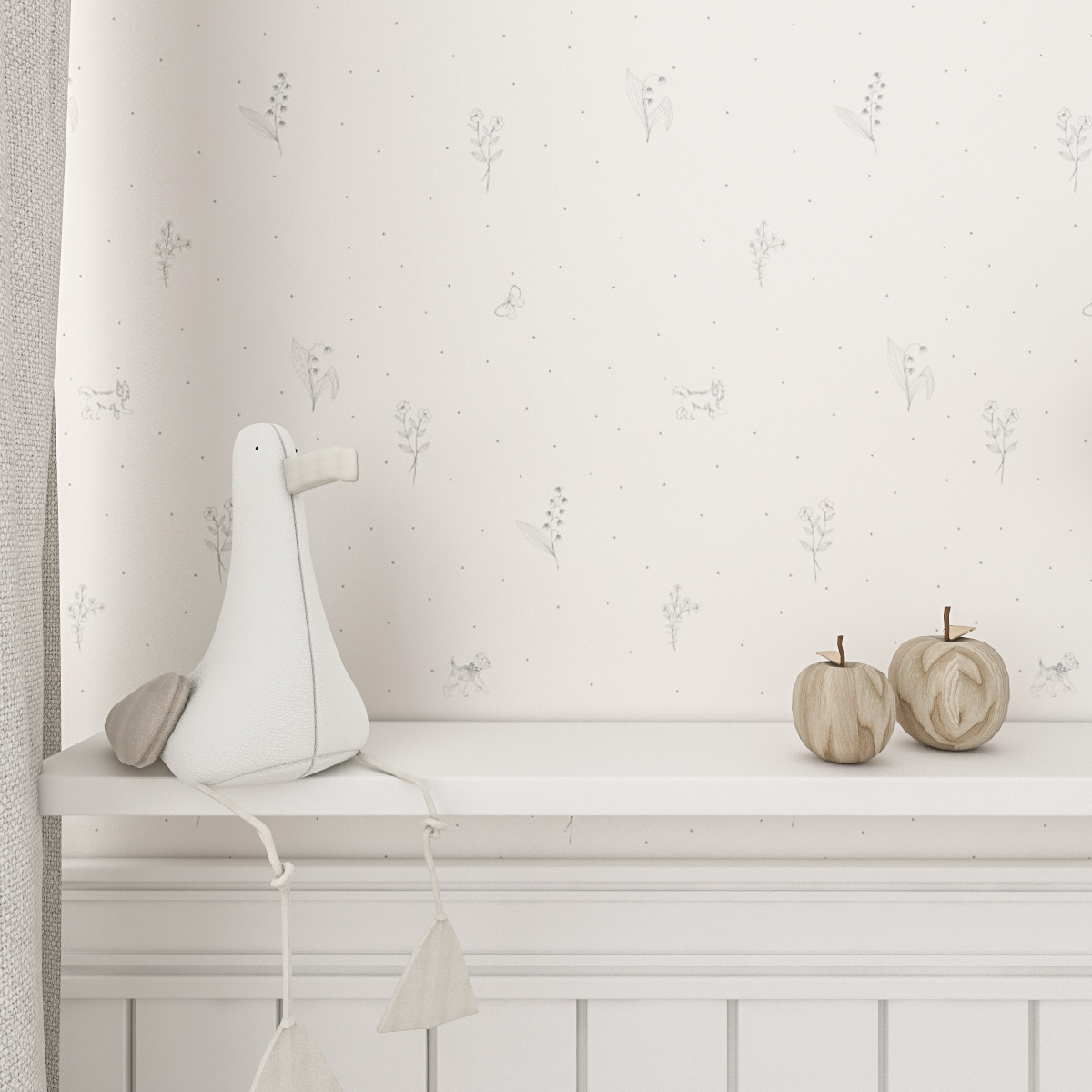 Graue Tapete mit Zweigen und Hündchen für das Kinderzimmer 2 Tapete mit zarten grauen Mustern - Zweige, Hündchen und Pünktchen auf hellem Hintergrund