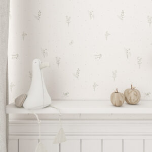 Tapete mit zarten grünen Mustern – Zweige, Hündchen und Pünktchen auf hellem Hintergrund