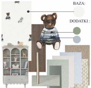 Pokój dziecięcy z tapetą w misie, zielonym regałem, drewnianymi panelami i pastelowymi tekstyliami.