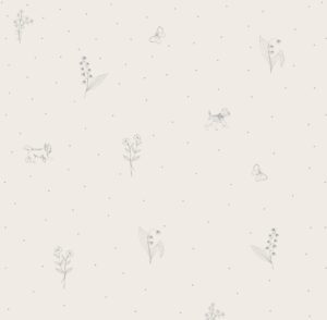 Tapete mit zarten grauen Mustern - Zweige, kleine Hunde und Punkte auf hellem Hintergrund
