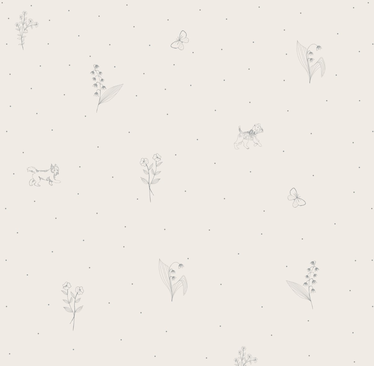 Graue Tapete mit Zweigen und Hündchen für das Kinderzimmer 1 Tapete mit zarten grauen Mustern - Zweige, kleine Hunde und Punkte auf hellem Hintergrund