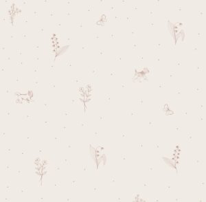 Tapete mit zarten beigen Mustern - Zweige, Hündchen und Pünktchen auf hellem Hintergrund