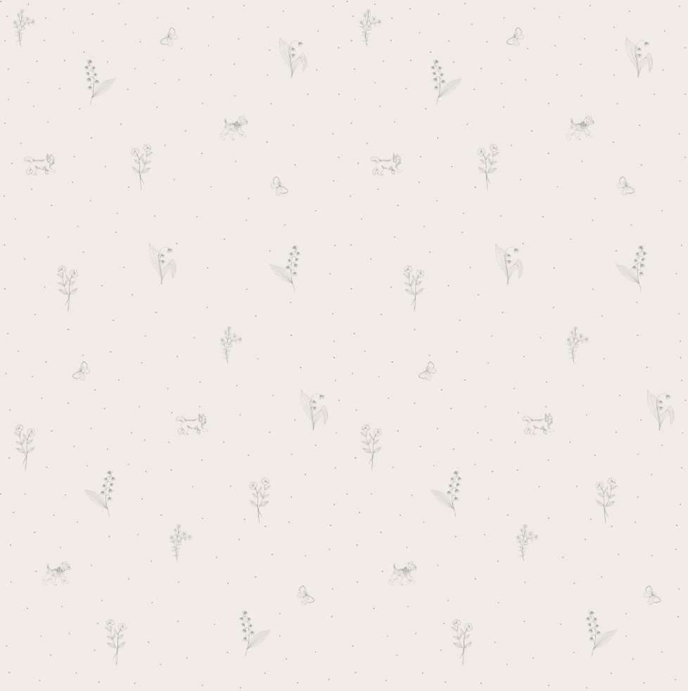 Graue Tapete mit Zweigen und Hündchen für das Kinderzimmer 3 Tapete mit zarten grauen Mustern - Zweige, Hündchen und Pünktchen auf hellem Hintergrund
