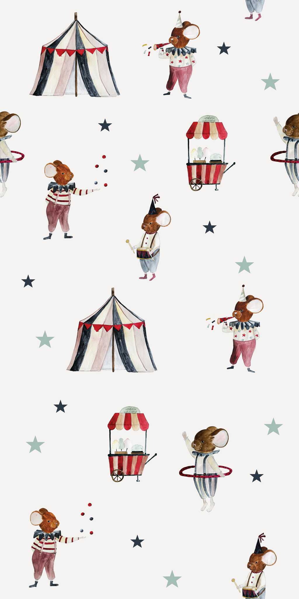 Tapete mit Zirkusmäusen und Sternchen - auf Rolle 1 Tapete mit Zirkusmäuschen und Sternchen - auf der Rolle
