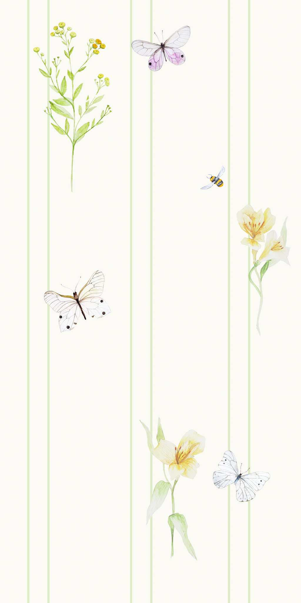 Fototapete mit Blumen: Narzissen, Rainfarn und Schmetterlinge - auf der Rolle 1 Tapete Narzissenblüten, Rainfarn und Schmetterlinge - auf der Rolle