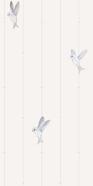 Elegante Tapete mit himmelblauen Vögelchen - auf der Rolle