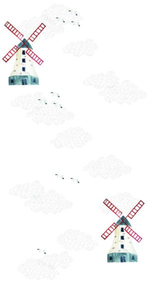 Tapete Mühle, Möwen und Wolken - auf der Rolle