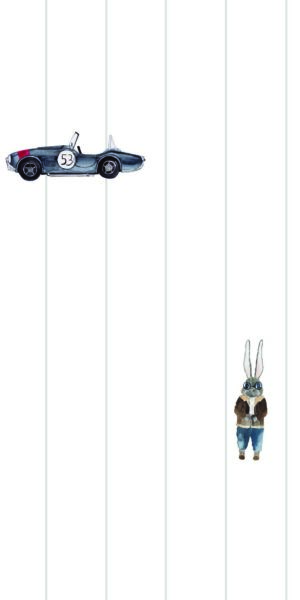 Tapete mit Mustang-Autos und Rennfahrer-Hase - auf der Rolle