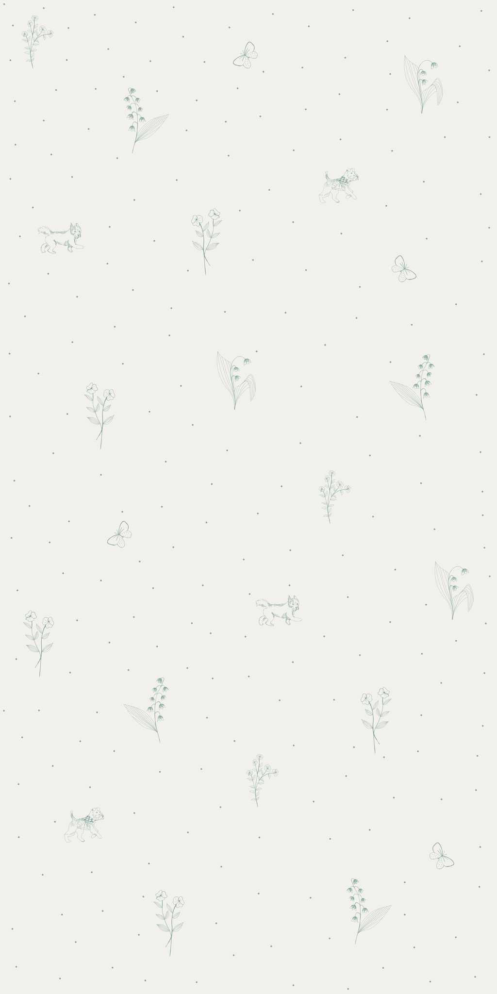 Graue Tapete mit Zweigen und Hündchen - auf der Rolle 1 Graue Tapete mit Zweigen und Hündchen - auf der Rolle